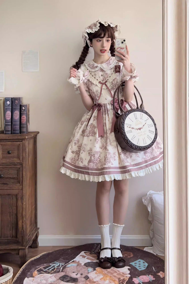 Smoky Purple Grape Moon Almanac Short Sleeves Multi-Layered Printed Ruffled Bow Sweet Lolita Dress