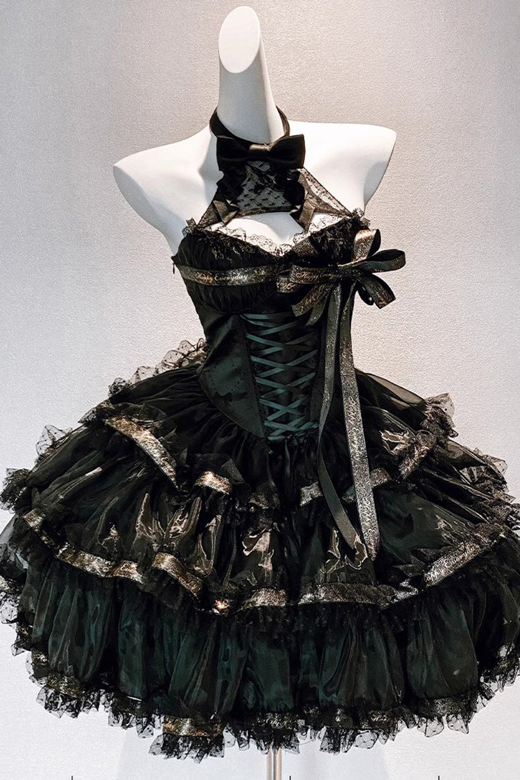 Black First Kiss Halterneck Triple-Layered Ruffle Lace Hot Stamping Gothic Princess Lolita Dress