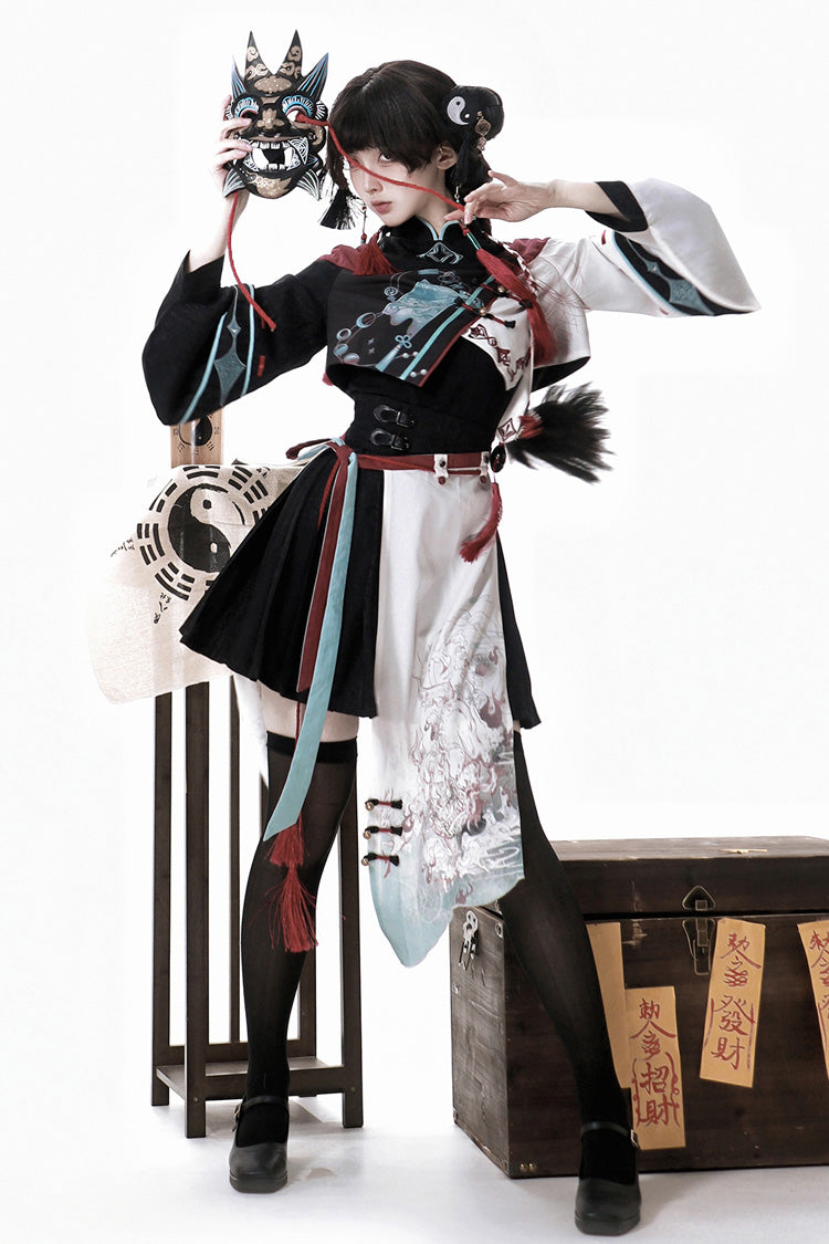 Multi-Color Walking With The Demon Print Asymmetric Gothic Chinese Style Ouji Lolita Skirt