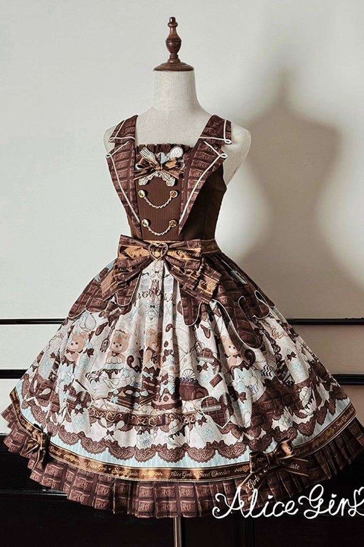 Brown Teddy Bear Chocolate Sleeveless Print Ruffle Bowknot Sweet Lolita Jsk Dress