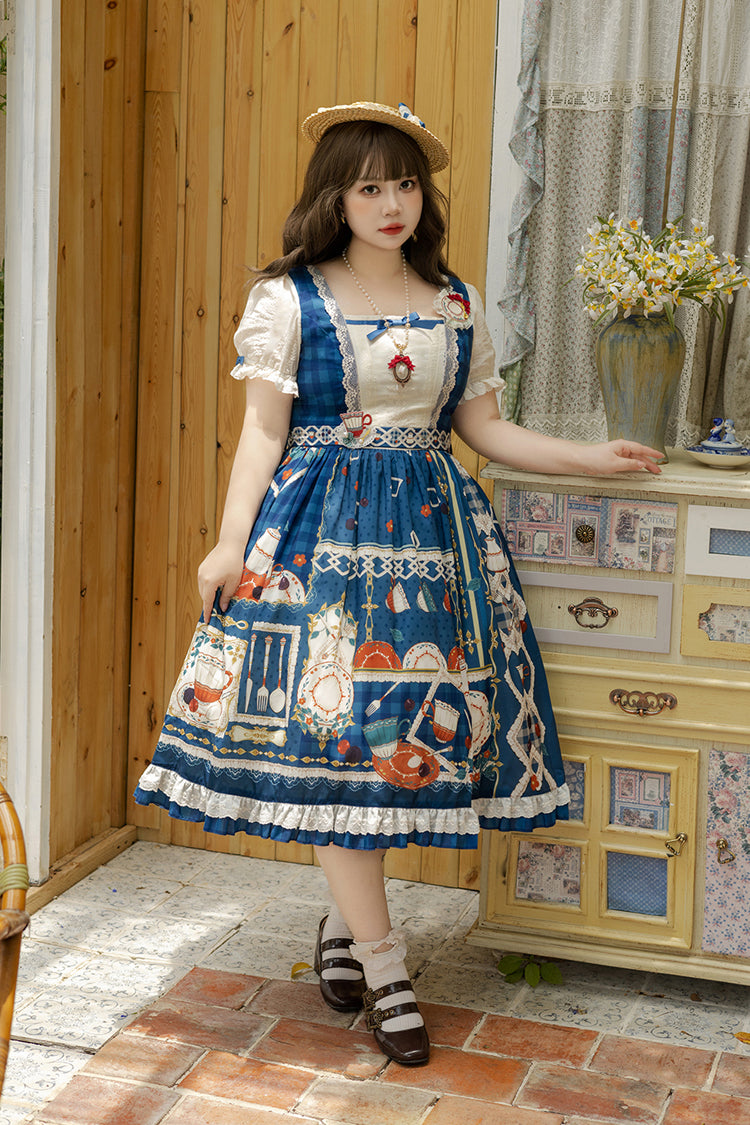 Dark Blue Tea Party Short Sleeves Print Ruffle Bowknot Lace Sweet Elegant Lolita Dress