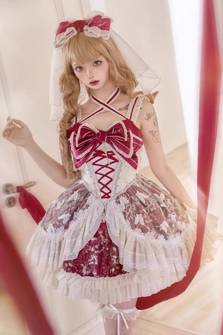 Red Lilibet Print Ruffle Cardigan Bowknot Lace Fishbone Sweet Lolita Dress