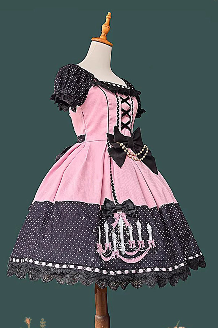 Chandelier Printed Sweet Short Sleeves Bow Lace-Up Pearl-Decorated Lolita Dress 4 Colors