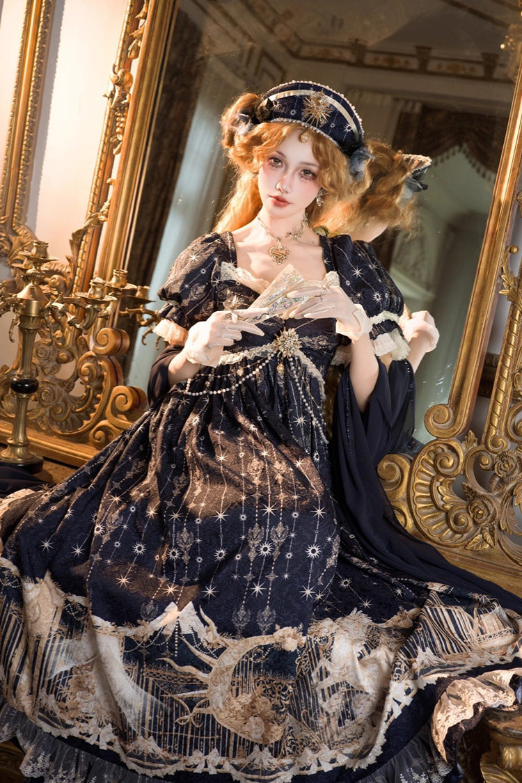 Blue Unicorn V Collar Short Sleeves Empire Motif Print Embroidery Bowknot Lace Sweet Elegant Lolita Dress