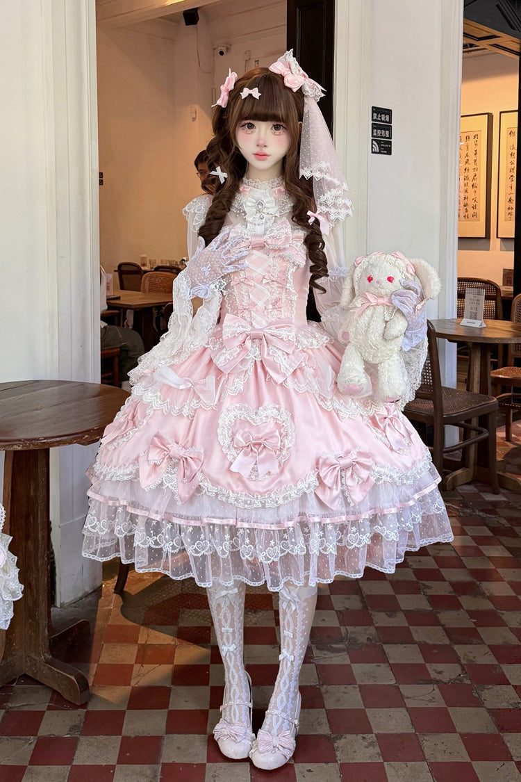 Pink Sweetheart Sleeveless Multi-Layered Embroidered Bow Lace Lace-Up Sweet Lolita Jsk Dress