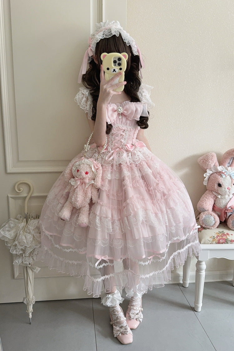Pink Eternal Vow Sleeveless Multi-Layered Ruffle Hanayome Bowknot Lace Lace-Up Sweet Lolita Jsk Dress