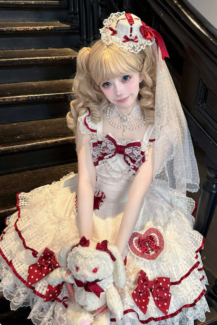 White Polka-Dot Love Letter Sleeveless Double-Layered Bowknot Lace Pearl Sweet Lolita Jsk Dress
