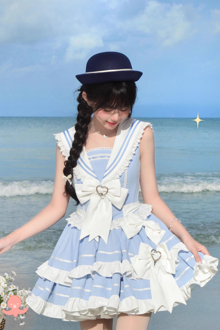Light Blue Navy Style Sleeveless Double Layer Ruffle Bowknot Lace Sweet Lolita Dress