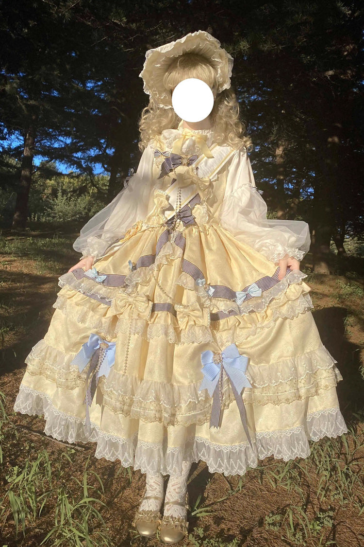 Gold Long Sleeves Multi-Layered Ruffle Bowknot Lace Sweet Princess Lolita Dress