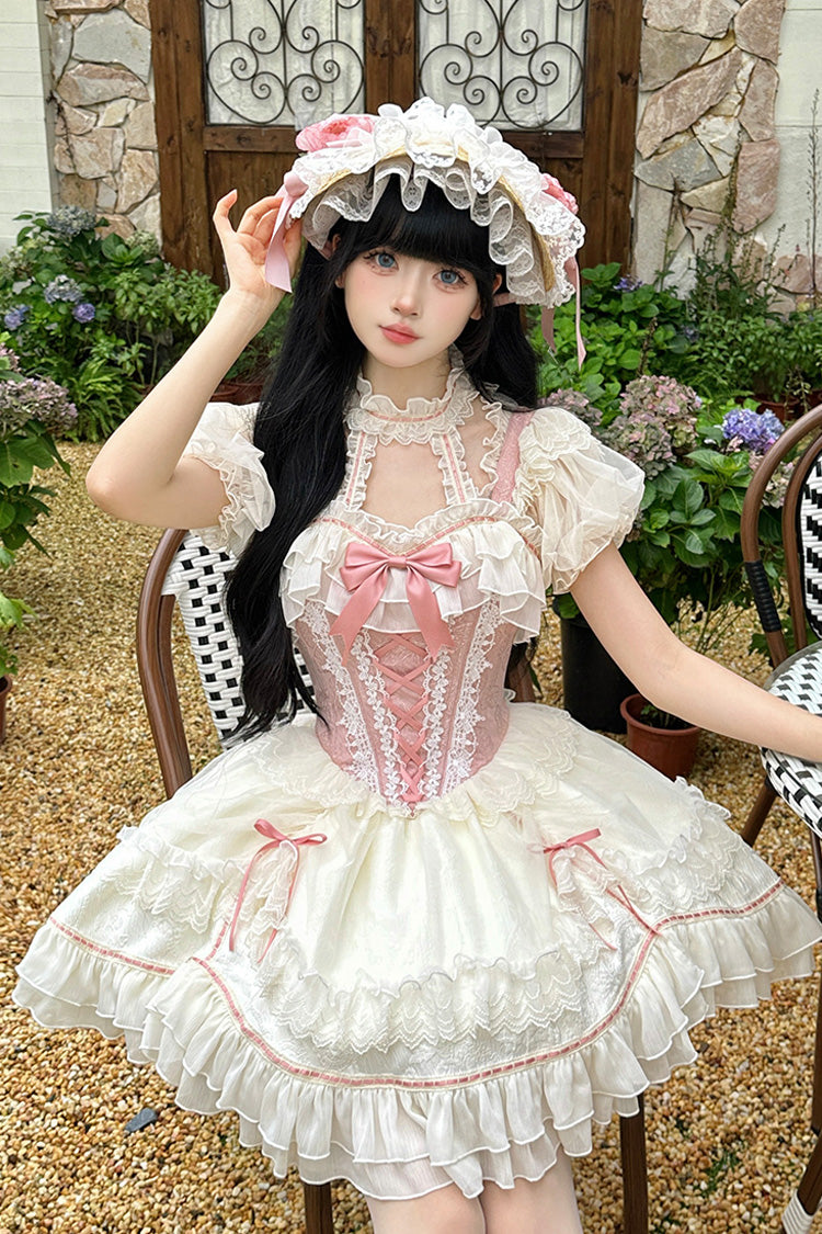 White/Pink Secret Garden Multi-layer Ruffle Bowknot Lace-Up Sweet Princess Lolita Jsk Dress