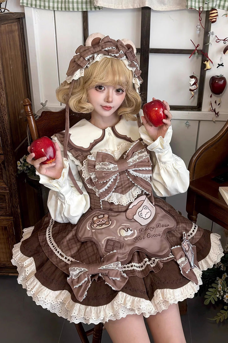 Brown Hot Cocoa Little Bear Sleeveless Print Ruffle Bowknot Lace Sweet Lolita Jsk Dress