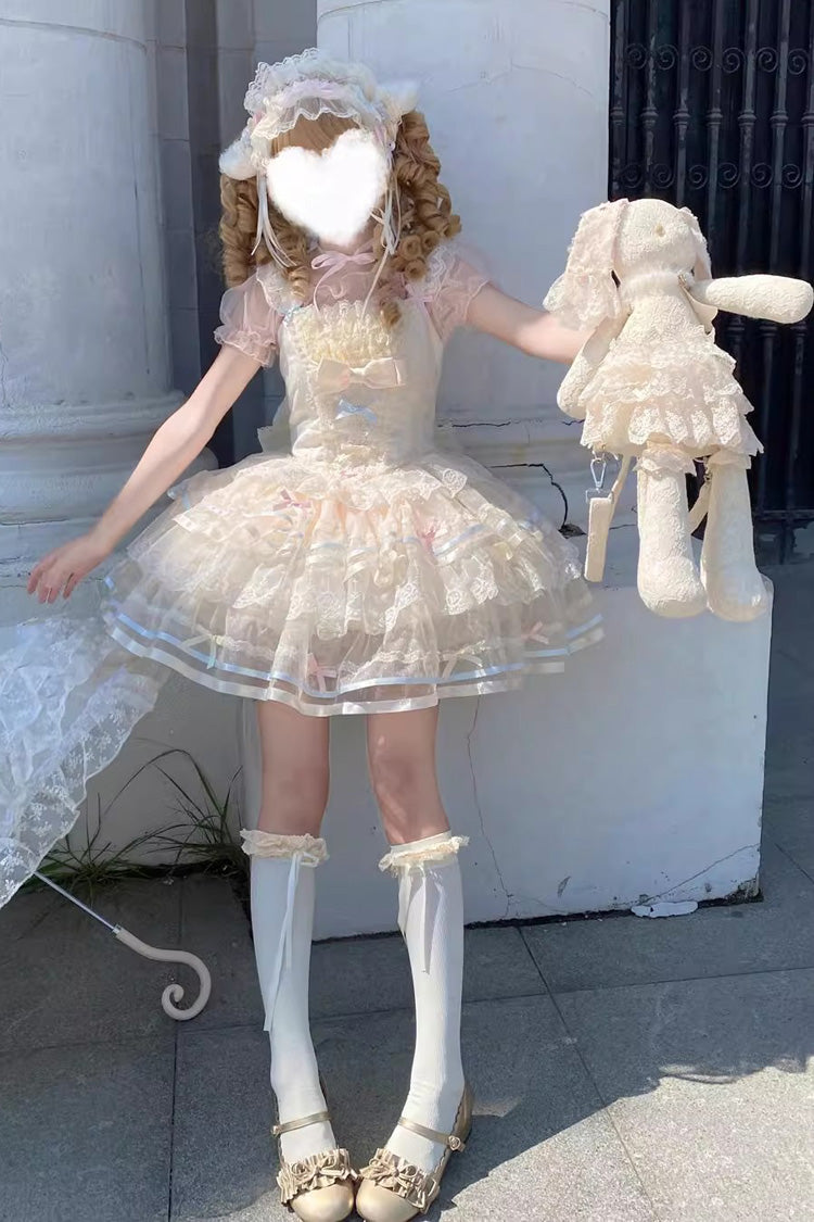 Apricot Butterfly Heart Ballet Triple-Layered Ruffle Bowknot Lace Sweet Ballet Lolita Jsk Dress