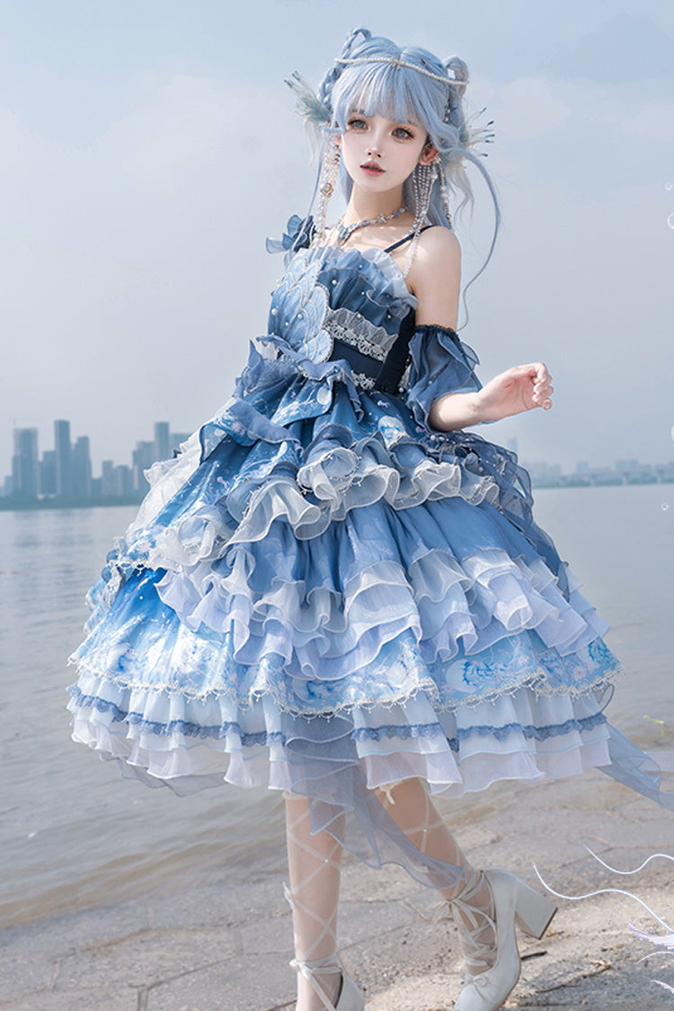 Blue Jellyfish Gradient Print Ruffle Embroidery Bowknot Lace Asymmetric Sweet Elegant Lolita Jsk Dress