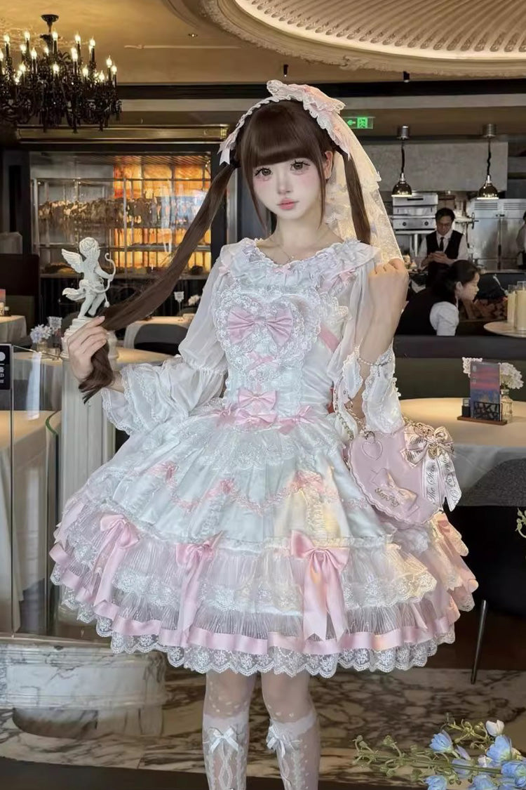 Pink/White Scarlet Heart Cocoa Sleeveless Triple-Layered Ruffle Embroidery Bowknot Lace Sweet Lolita Jsk Dress