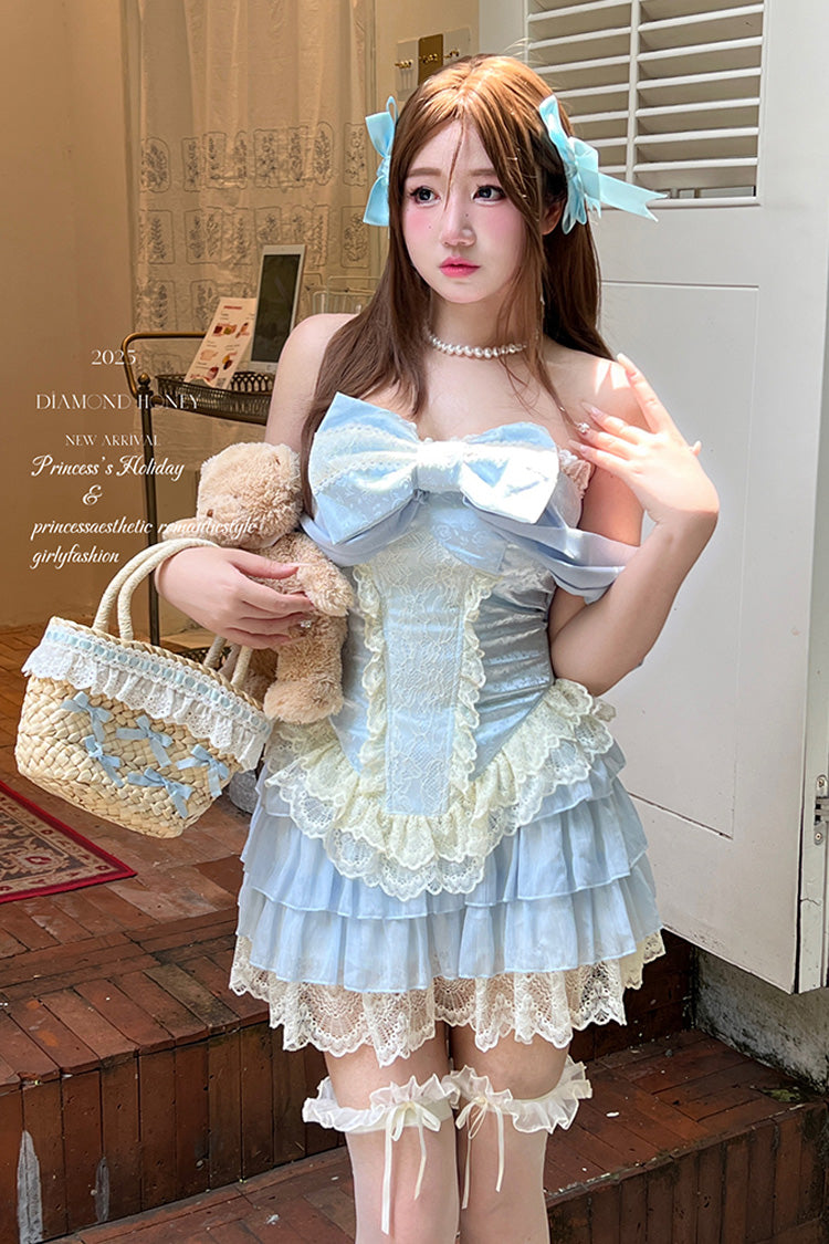 Blue Antique Girl Sleeveless Double-Layered Ruffle Bowknot Lace Sweet Lolita Two-piece Skirt Set