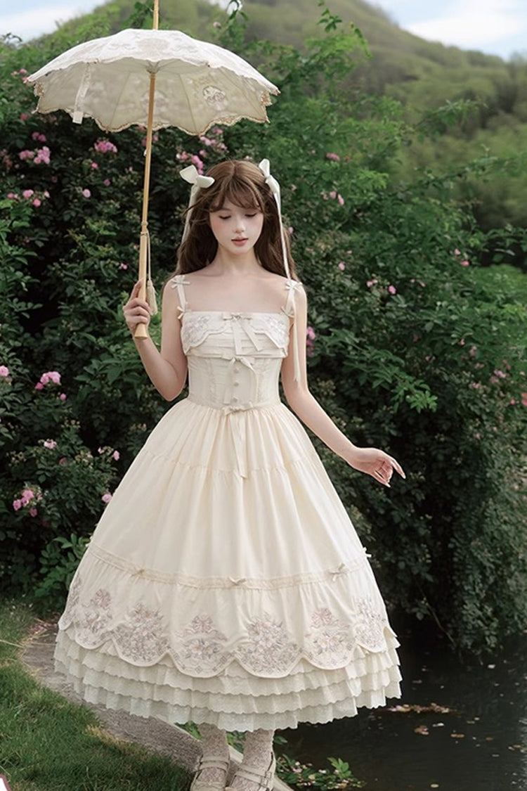 Apricot Fantasy Butterfly Triple-Layered Ruffle Embroidery Bowknot Lace Sweet Princess Lolita Jsk Dress