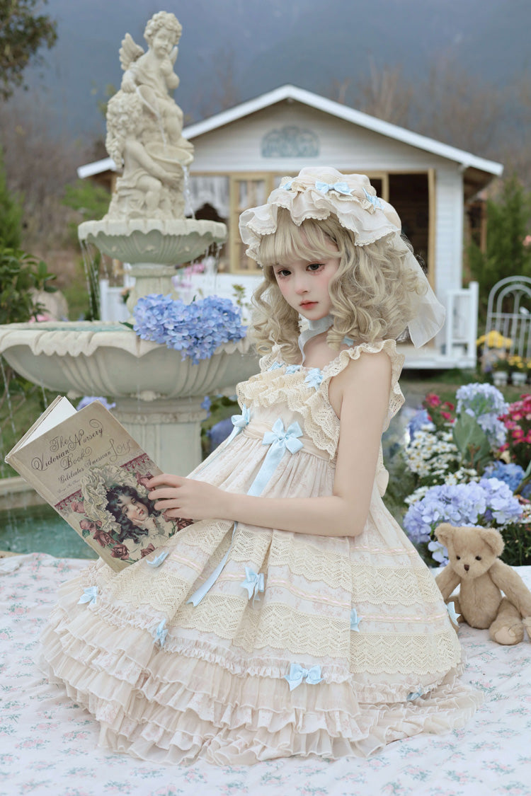 Beige Little Wind Chime Sleeveless Multi-Layered Printed Ruffled Bow Lace Sweet Elegant Princess Lolita Jsk Dress