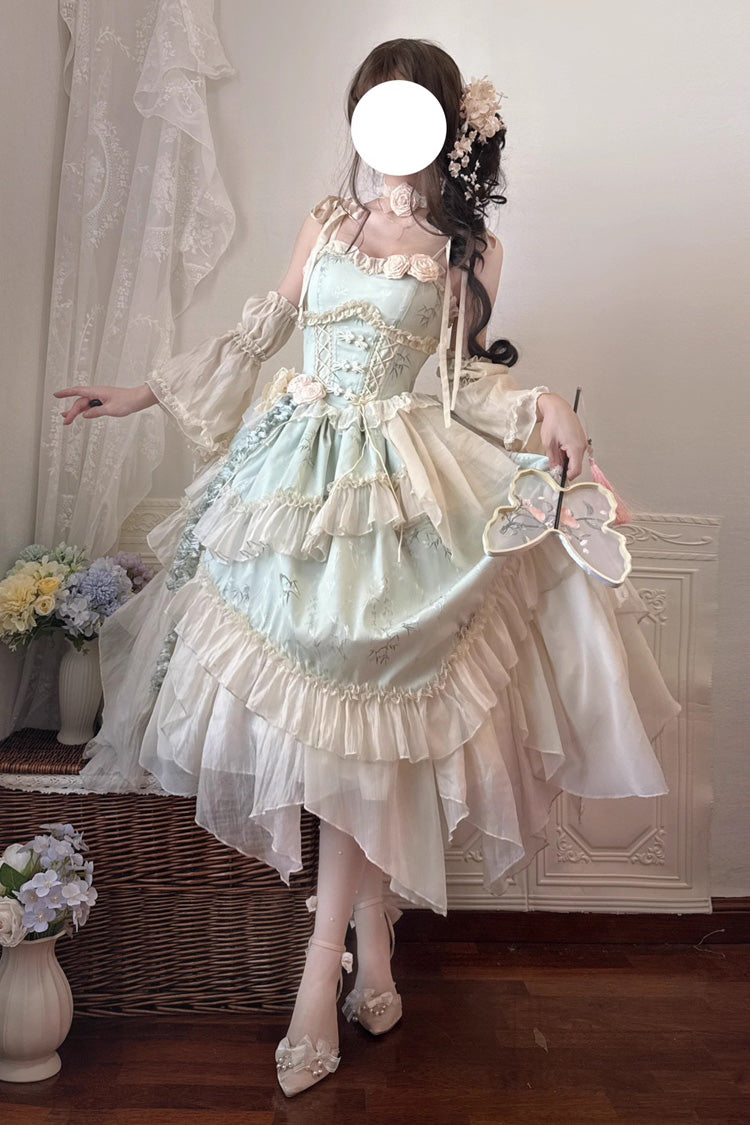 Green Tea Bamboo Song Sleeveless Print Ruffle Bowknot Sweet Chinese Style Elegant Ballet Lolita Jsk Long Dress