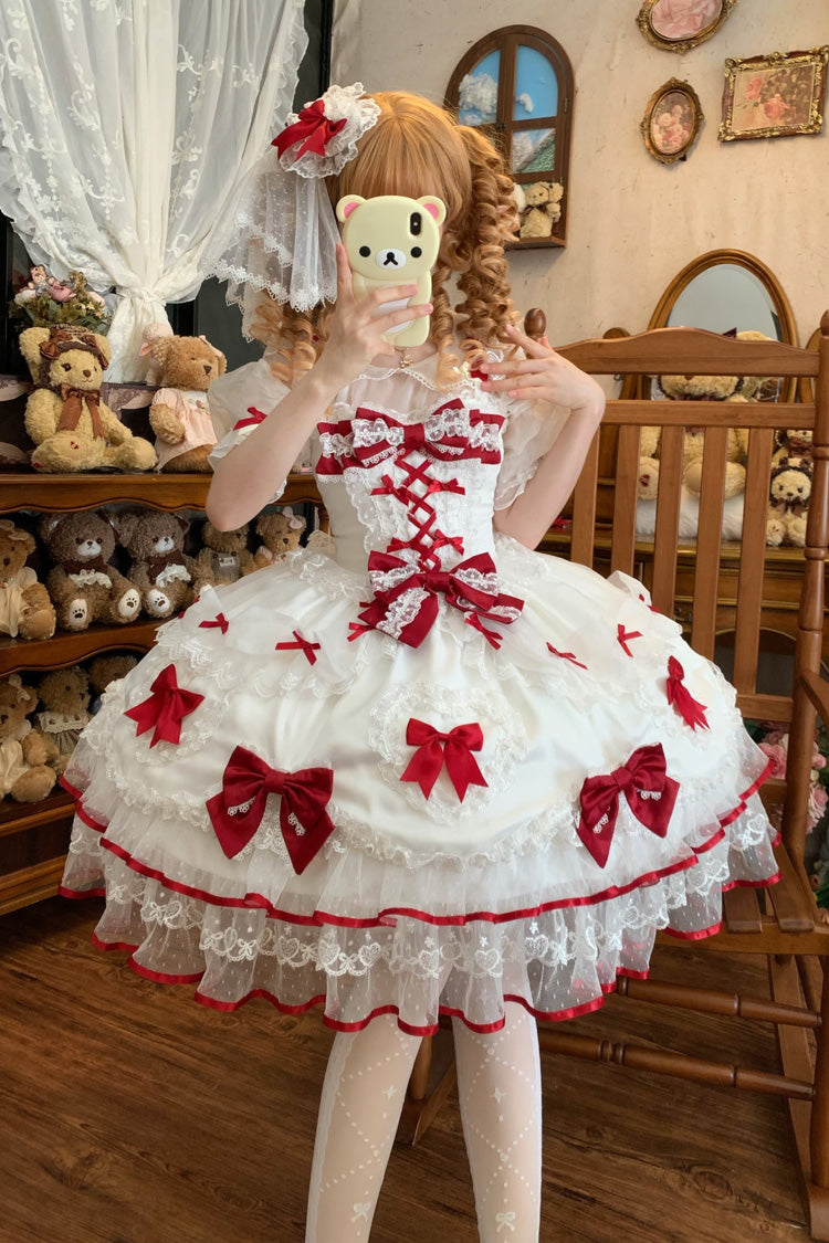 White/Red Sweetheart Sleeveless Multi-Layered Embroidered Bow Lace Lace-Up Sweet Lolita Jsk Dress
