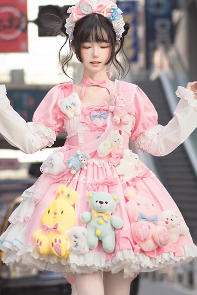 Pink Square Collar Print Doll Party Detachable Sleeves Ruffle Bowknot Sweet Princess Lolita Dress