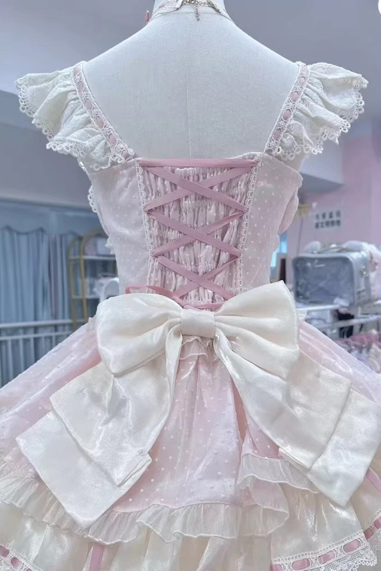 Pink Flory Butterfly Double-Layered Ruffle Bowknot Lace Lace-Up Sweet Ballet Lolita Jsk Dress