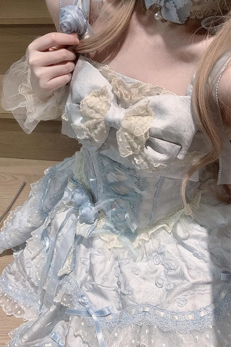 Blue Floral Overture Double-Layered Ruffle Embroidery Bowknot Lace Sweet Lolita Jsk Dress