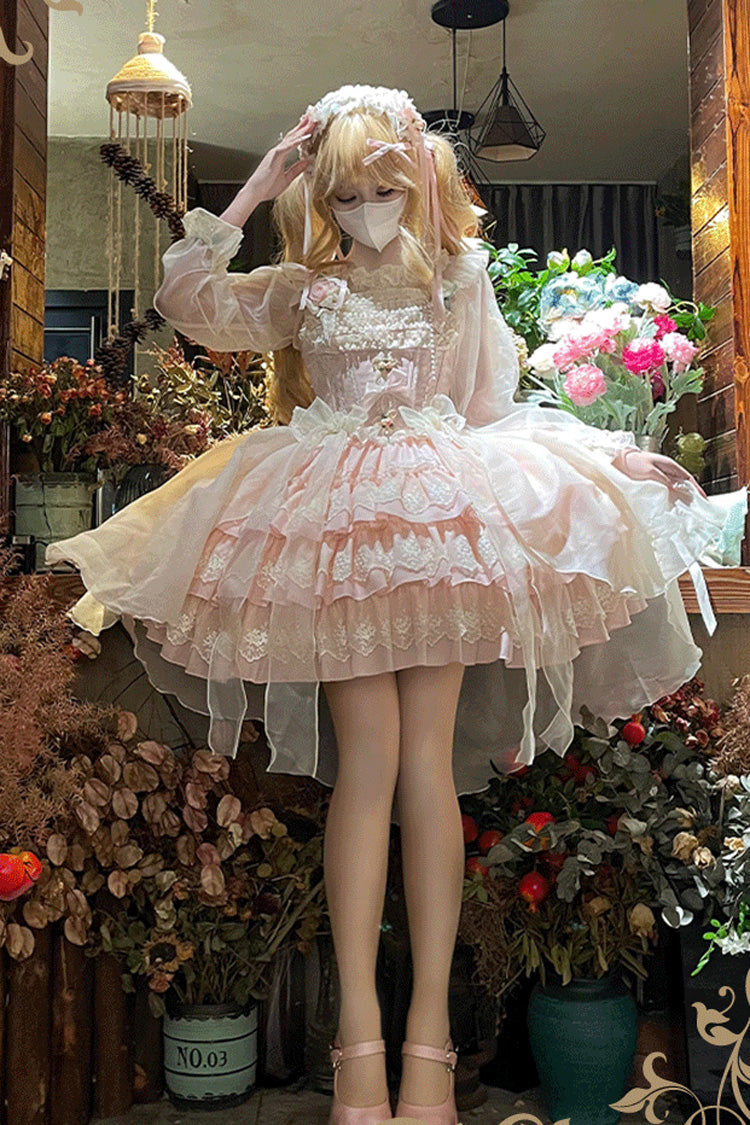Tears of Rose Sleeveless Multi-Layered Ruffle Cardigan Bowknot Lace Sweet Ballet Lolita Jsk Dress 2 Colors