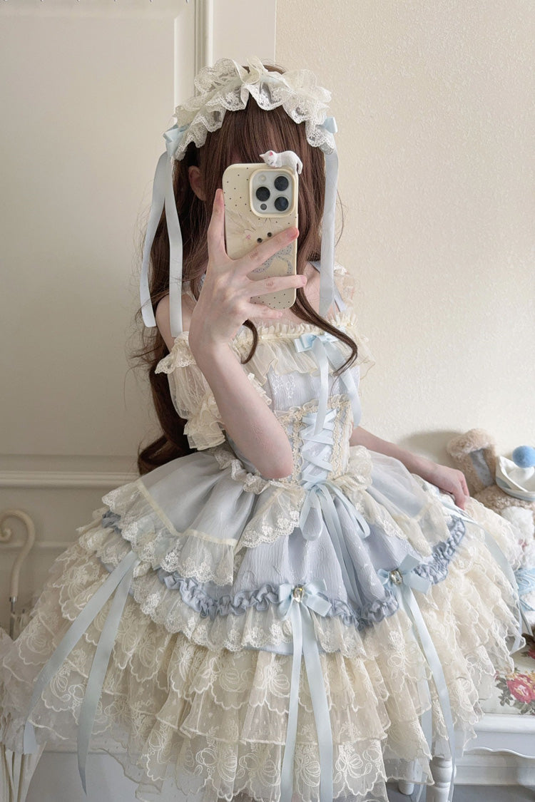 Blue Ribbon Heart Love Sleeveless Multi-Layered Ruffle Bowknot Lace Lace-Up Sweet Princess Ballet Lolita Jsk Dress