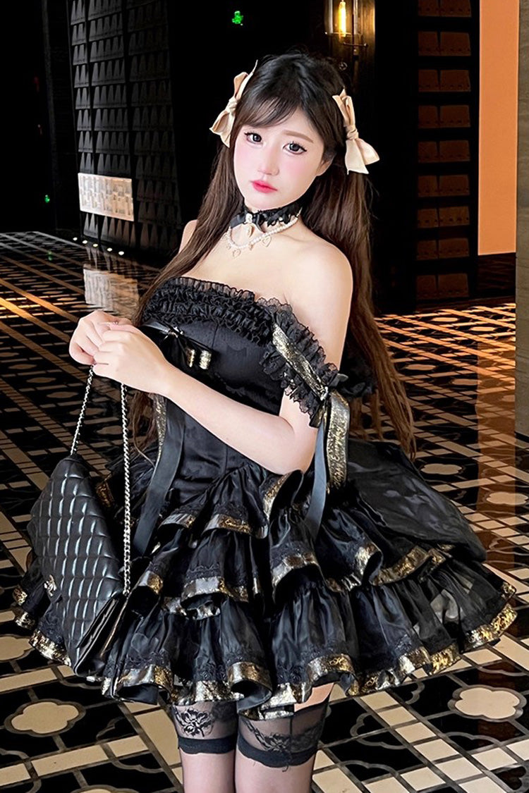 Black Princess Ribbon Off Shoulder Triple-Layered Ruffle Bowknot Sweet Lolita Dress