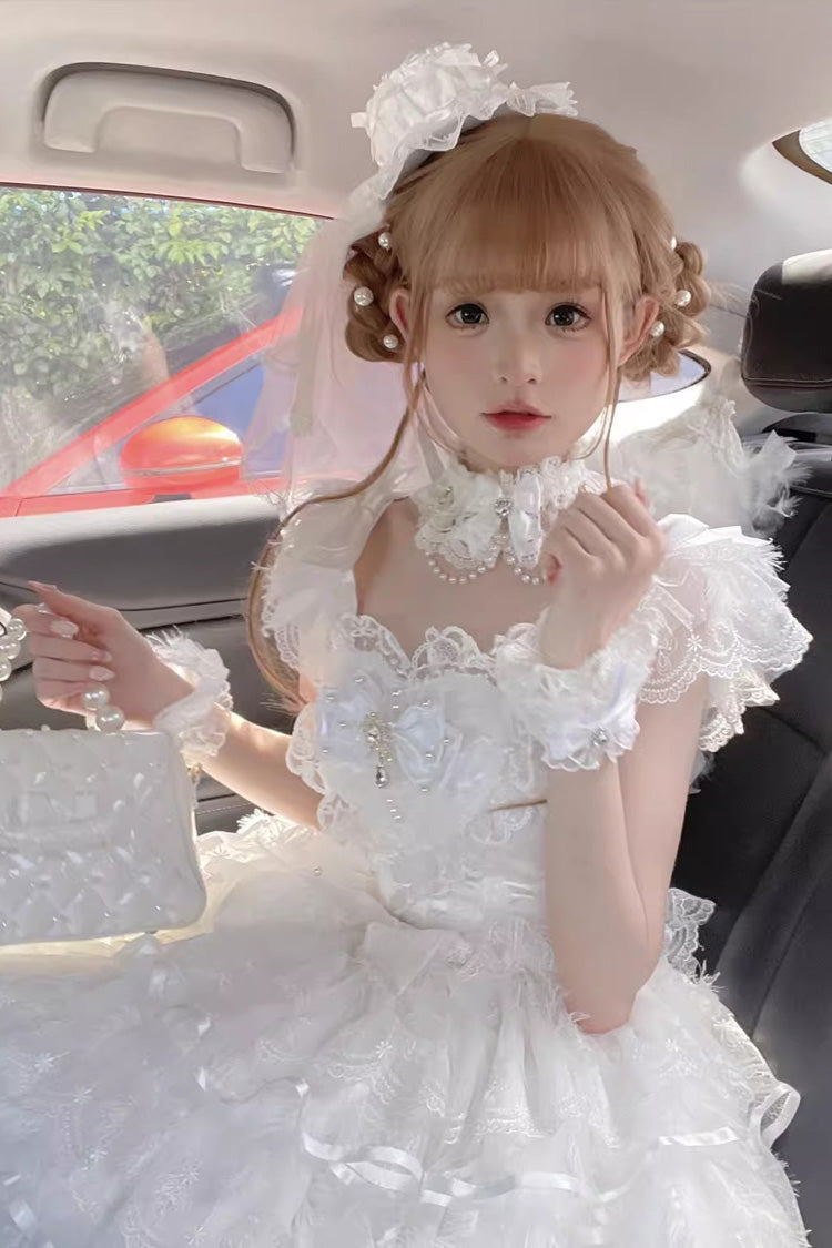 White Ballad of Feathers Sleeveless Multi-Layered Ruffle Hanayome Bowknot Sweet Lolita Jsk Dress