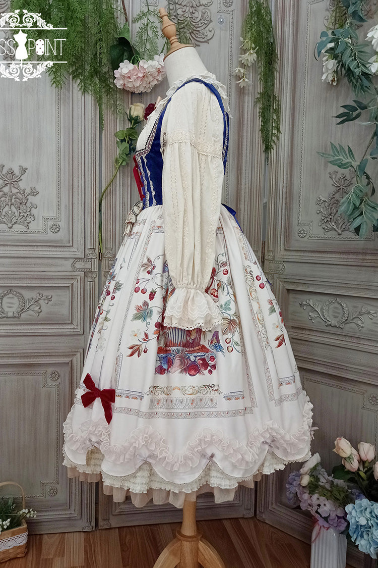 Ivory Ode to Plenty Berries and Birds Print Ruffle Bowknot Velvet Classic Lolita Breast Support Jsk Dress