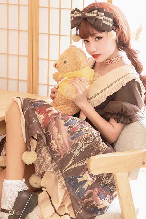 Brown Alchemist Cartoon Anime Print Doll Collar Bowknot Short Sleeves Multi-Layer Pompom Sweet Lolita OP Dress