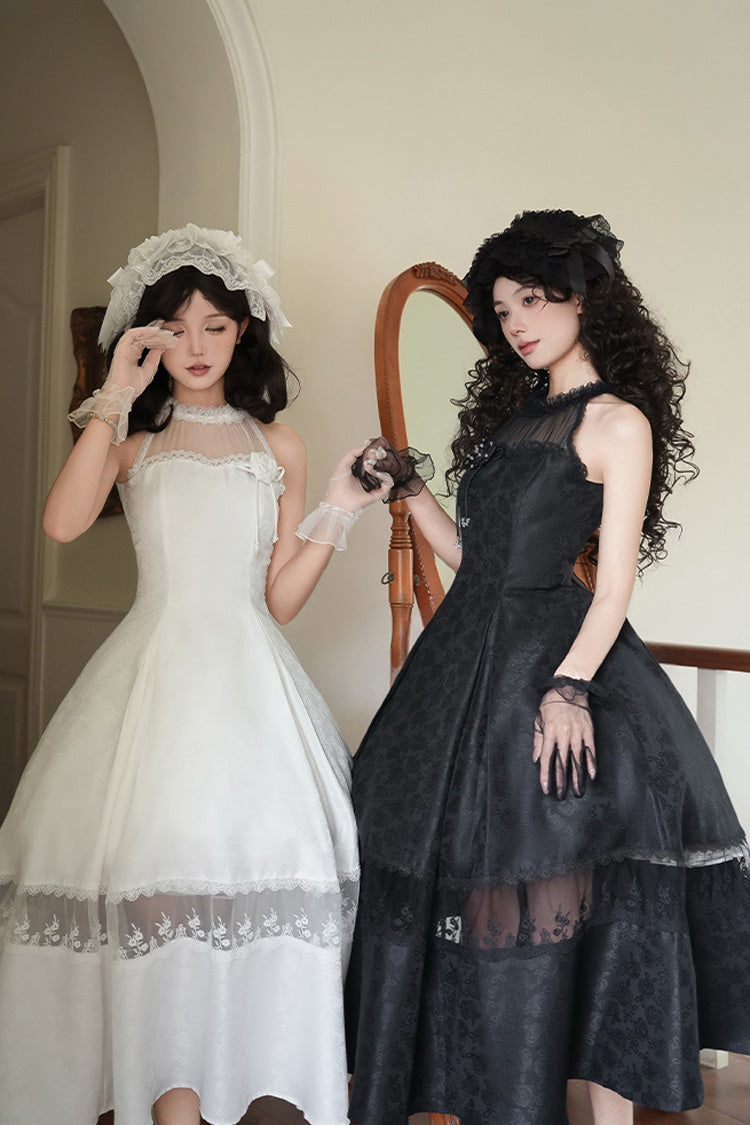 White Flowers in the Mist Off Shoulder Halterneck Print Ruffle Gothic Elegant Lolita Dress