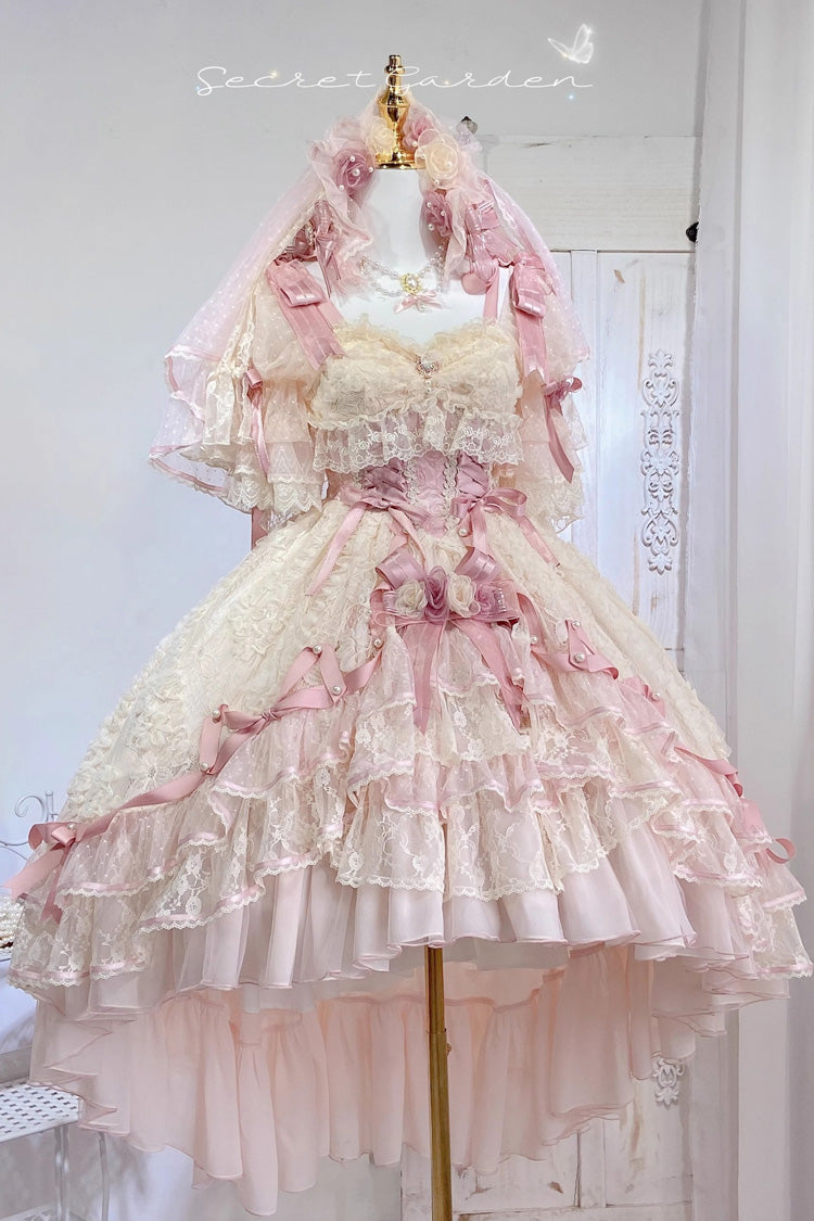 Pink Diane Rose Short Sleeves Multi-Layered Jacquard Ruffle Hanayome Cardigan Bowknot Lace Sweet Lolita Dress