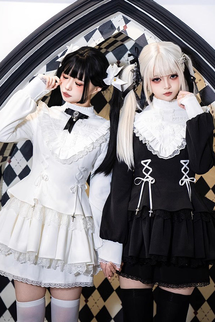 White Long Sleeves Ruffle Lace-Up Sweet Handsome Lolita Dress
