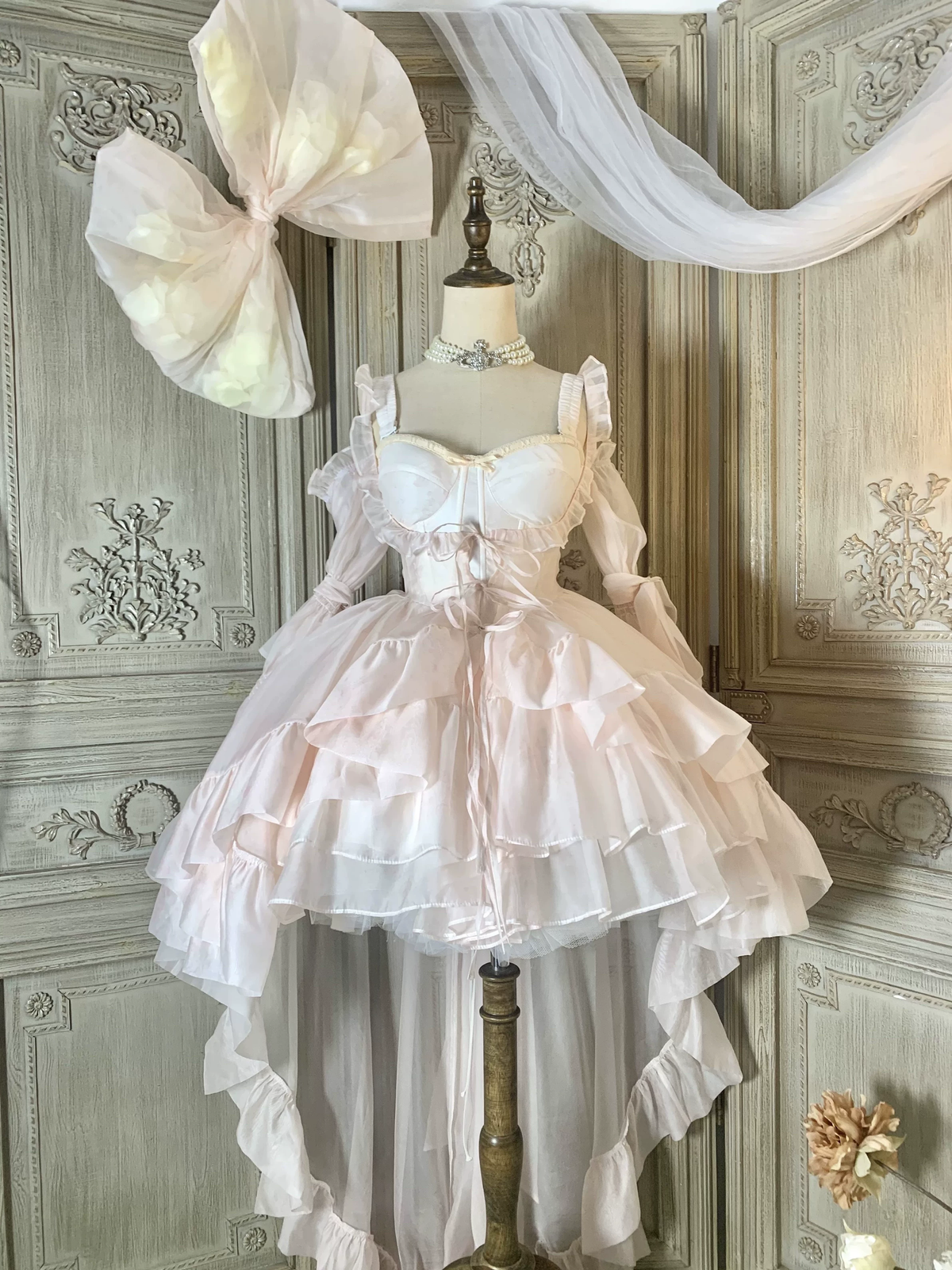 Pink Sleeveless Multi-Layered Ruffled Corset Big Bow Sweet Princess Ballet Lolita Jsk Dress