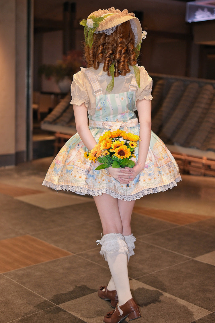 Green Pineapple Cat Print Sleeveless Bowknot Lace Sweet Lolita Strap Dress