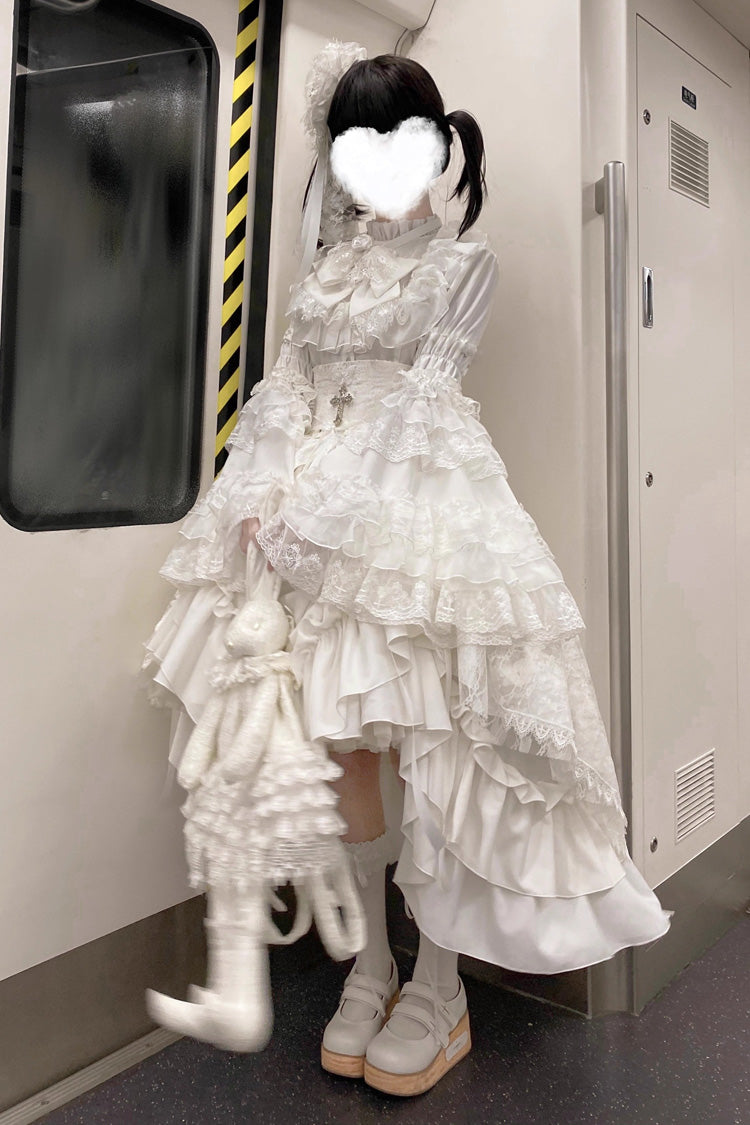 White Eternal Taboo Long Hime Sleeves Ruffled Bow Gothic Lolita Skirt Dress Set