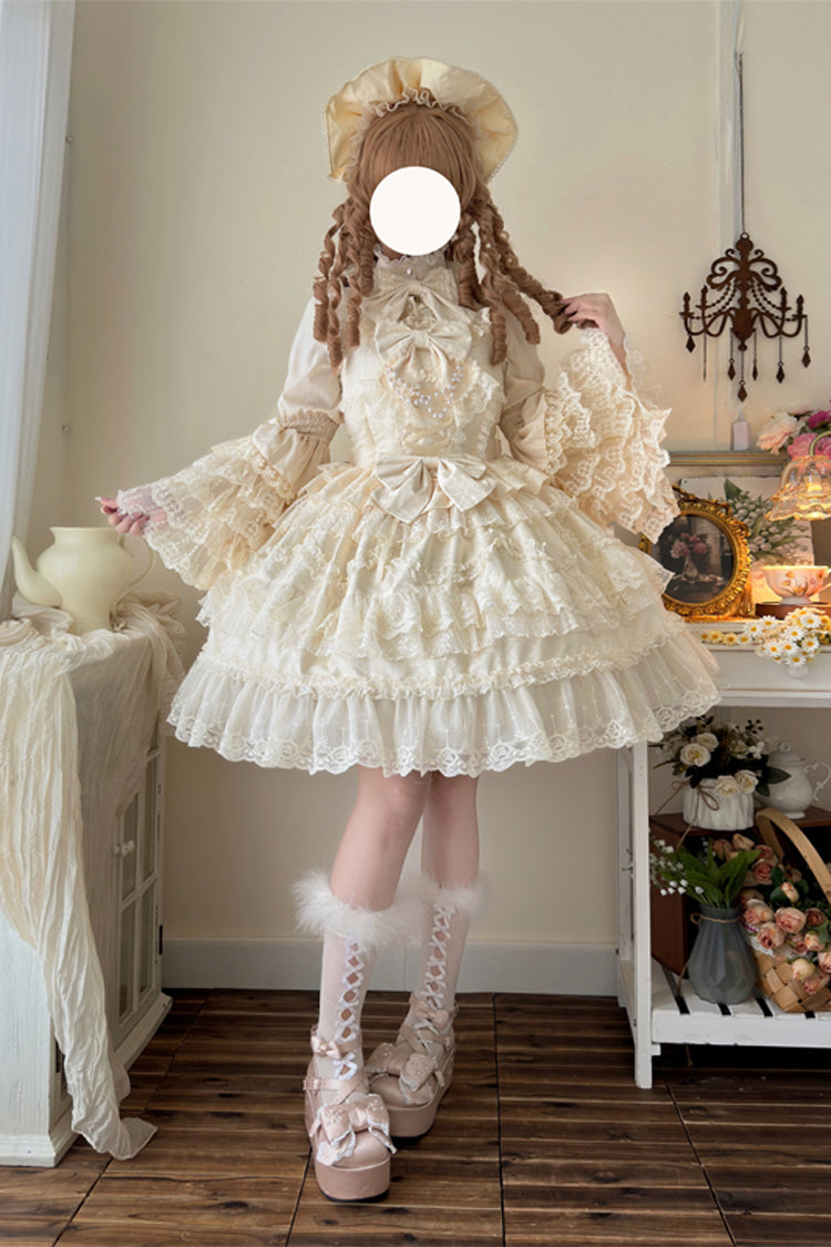 Apricot Love and Heart Flutter Sleeveless Multi-Layered Ruffle Bowknot Lace Pearl Sweet Lolita Jsk Dress