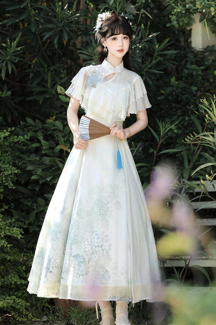 White Hydrangea Message Short Sleeves Print Ruffle Lace Sweet Chinese Style Elegant Lolita Dress