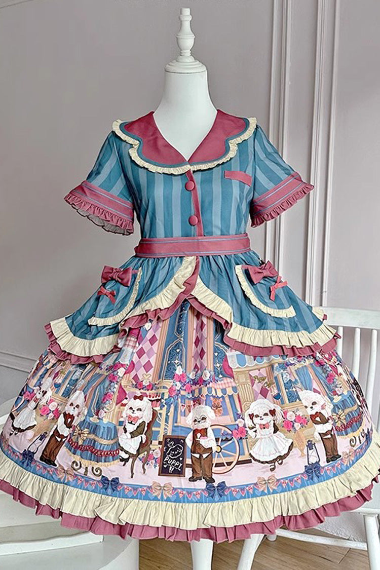 Puppy Cafe Print Ruffle Bowknot Sweet Lolita Dress 3 Colors