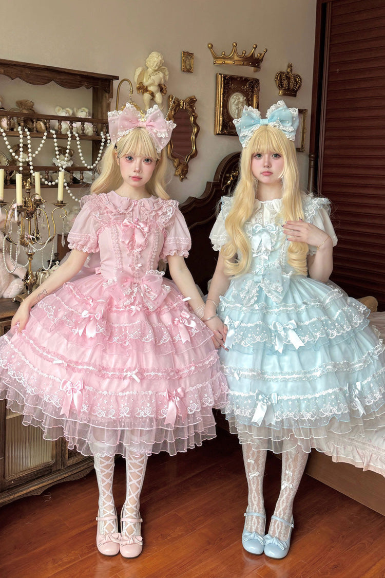 Pink Lotus Butterfly Heart Multi-Layered Ruffle Hanayome Bowknot Lace Sweet Lolita Jsk Dress