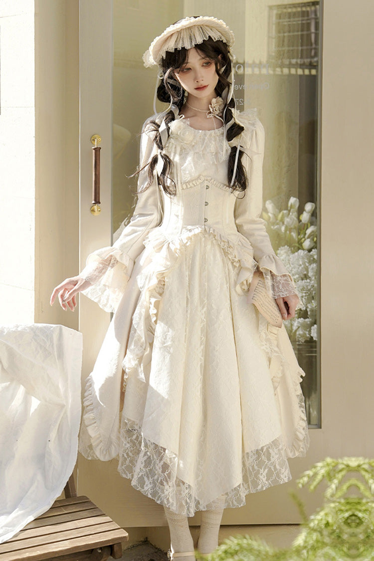Ivory White Tea Long Sleeves Ruffle Bowknot Lace Irregular Classic Princess Lolita Dress