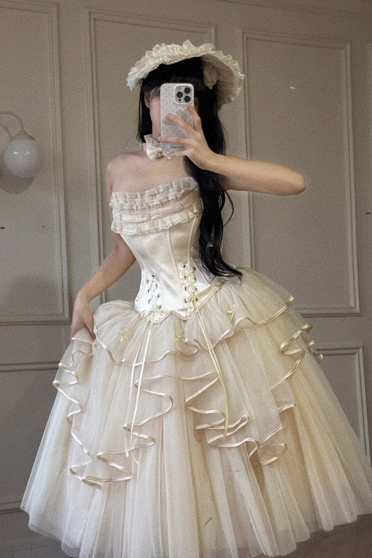 Ivory The Summer Waves Sparkle Square Collar Sleeveless Multi-Layered Ruffled Bow Lace-Up Slim Sweet Lolita Skirt Set