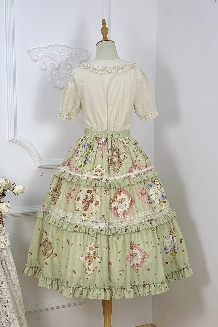 Green Cat Rose Tea Print Ruffle Daily Sweet Lolita Skirt