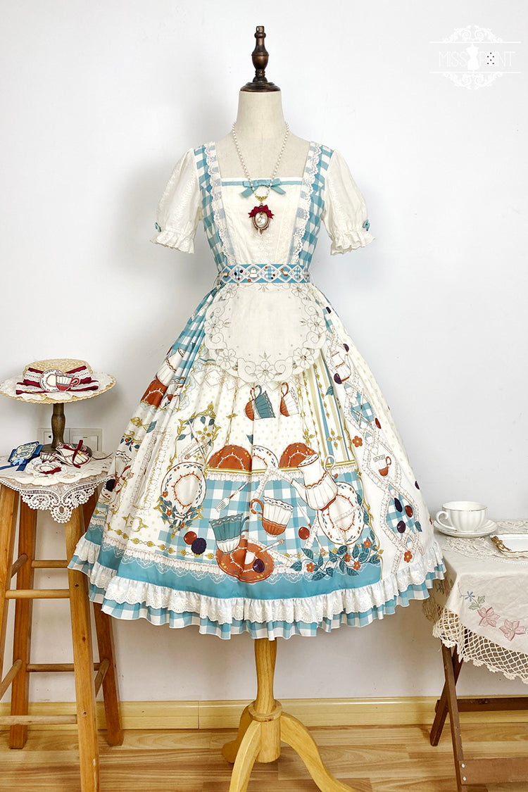 Blue/Green Tea Party Short Sleeves Print Ruffle Bowknot Lace Sweet Elegant Lolita Dress