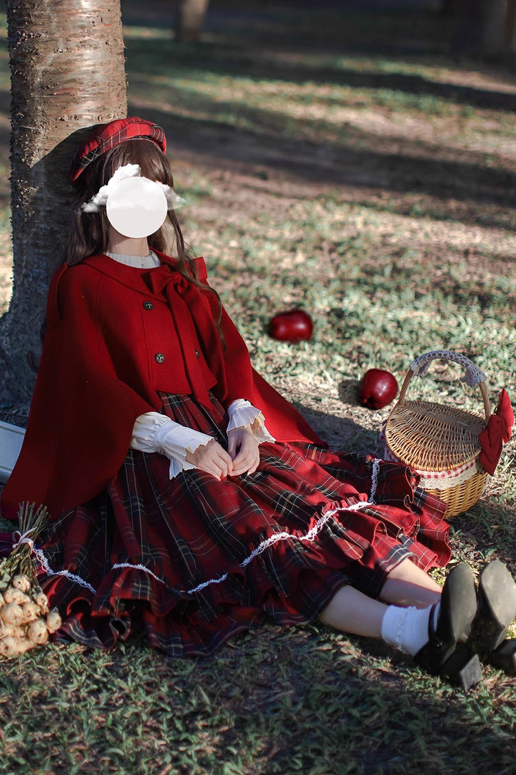 Red Little Red Riding Hood Double-Layered Plaid Print Ruffle Bowknot Sweet Vintage Lolita Jumper Dress
