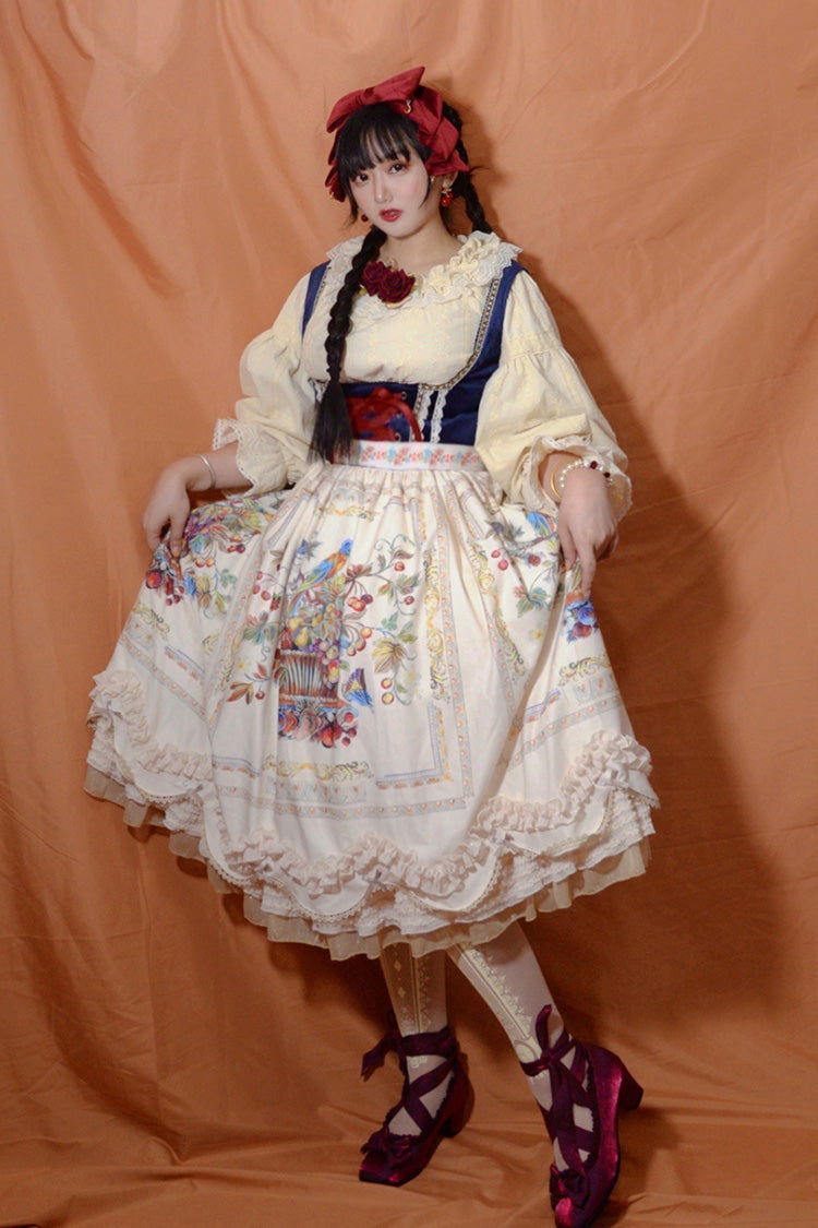 Ivory Ode to Plenty Berries and Birds Print Ruffle Bowknot Velvet Classic Lolita Breast Support Jsk Dress
