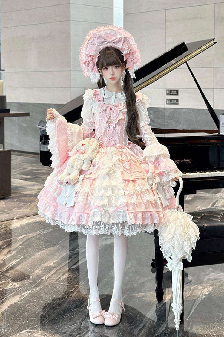 Sakura Love Multi-Layered Jacquard Ruffle Embroidery Cardigan Bowknot Lace Sweet Gorgeous Lolita Jsk Dress 2 Colors