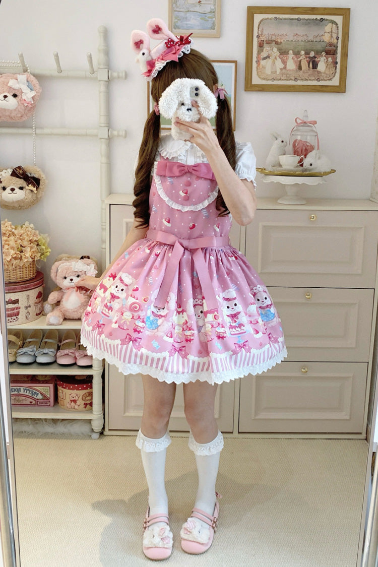 Pink Cupid Bunny Printed Sleeveless Bow Sweet Princess Lolita Strap Dress